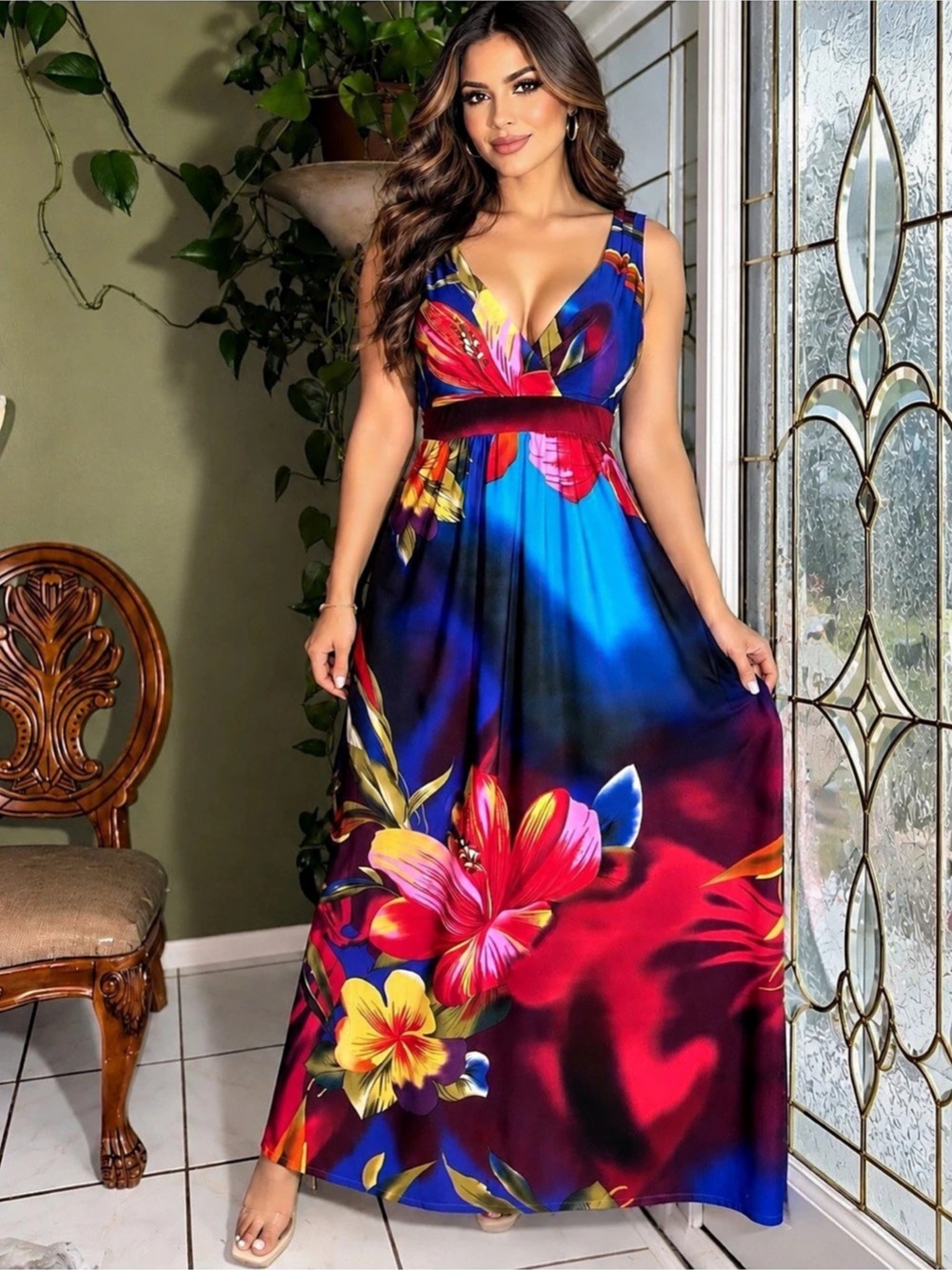 Ronni Nicole Vibrant Tropical Floral V-Neck Maxi Dress Size 14 NWOT